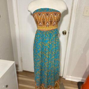 SHEIN Strapless Teal and Tan Dress